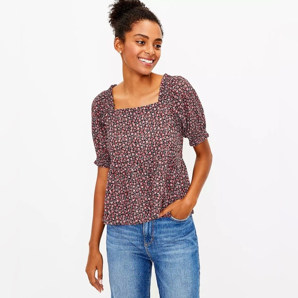 LOFT Tops - NWT LOFT Floral Smocked Peplum Top Red Black White L Large